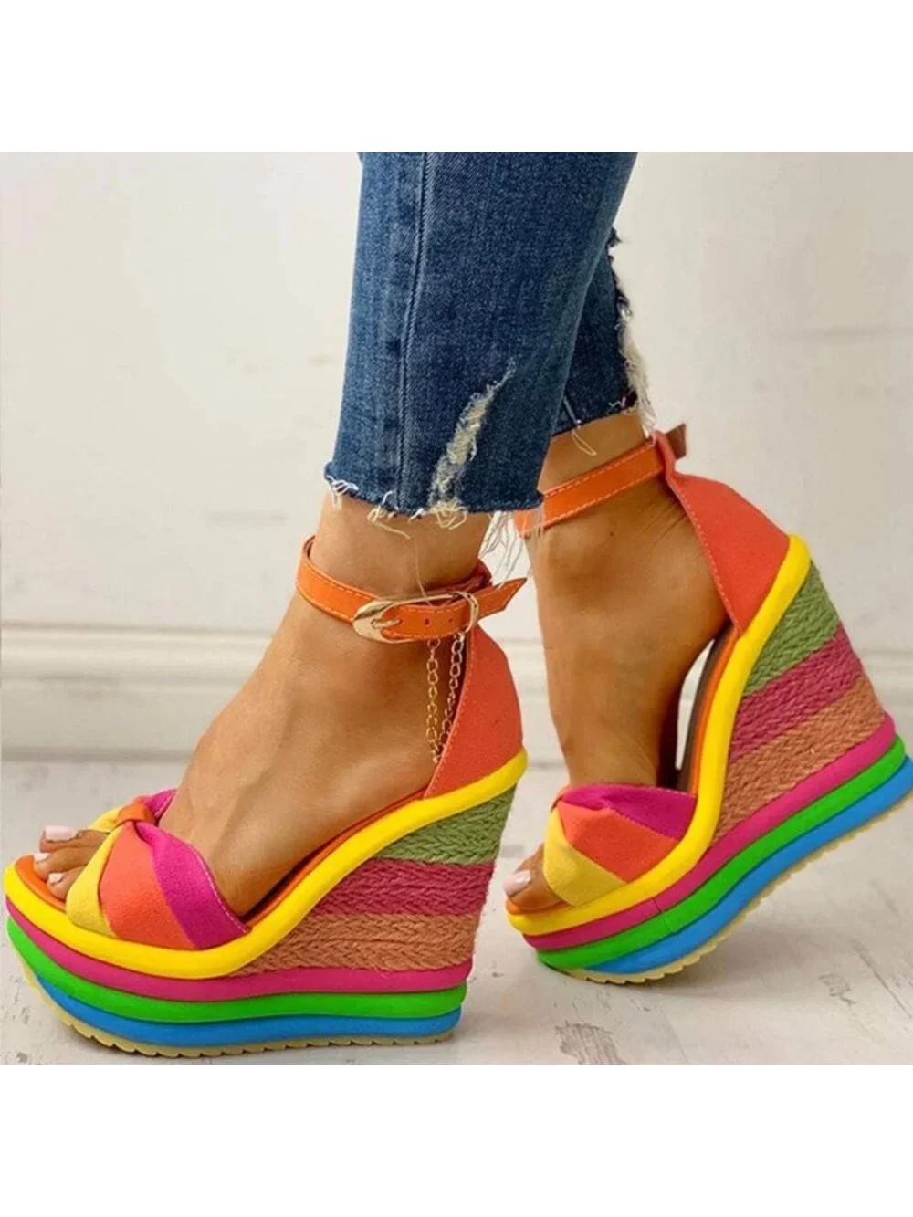 Stylish Gladiator Ankle Strap High Heel Platform Wedge Sandals - Rainbow Colors